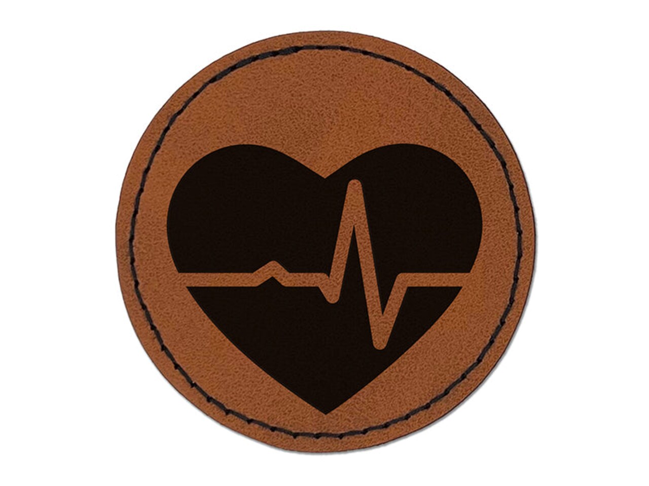 EKG Pulse Heart Beat Round Iron-On Engraved Faux Leather Patch Applique - 2.5"
